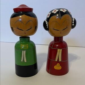 Vintage Wooden Japanese nodding Head Doll Set - Red and Green